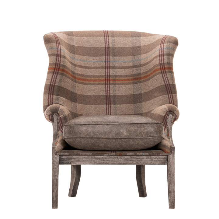 William Deconstructed Wingback Chair - Chalet Plaid & Antique Grey Leather