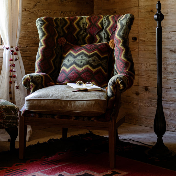 William Deconstructed Wingback Chair - Pyramidenspitze Fabric & Cambridge Sage Leather