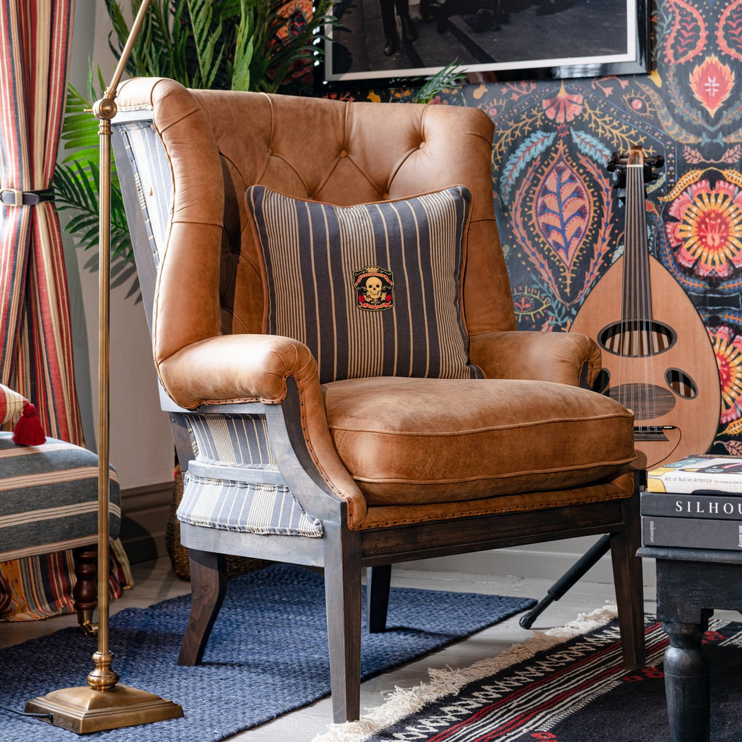 William Deconstructed Wingback Chair - Newport Stripes & Leather