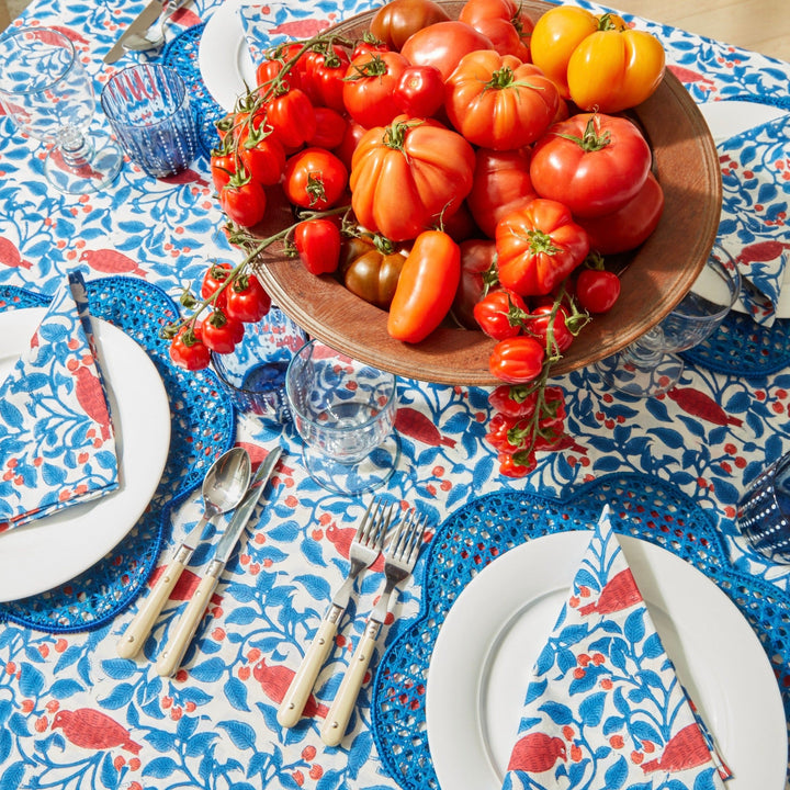 Blue & Red Birdsong Indian Block Print Tablecloth