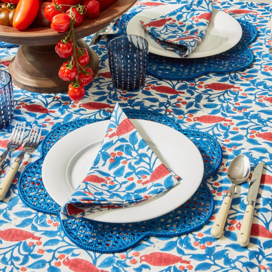 Blue & Red Birdsong Indian Block Print Tablecloth