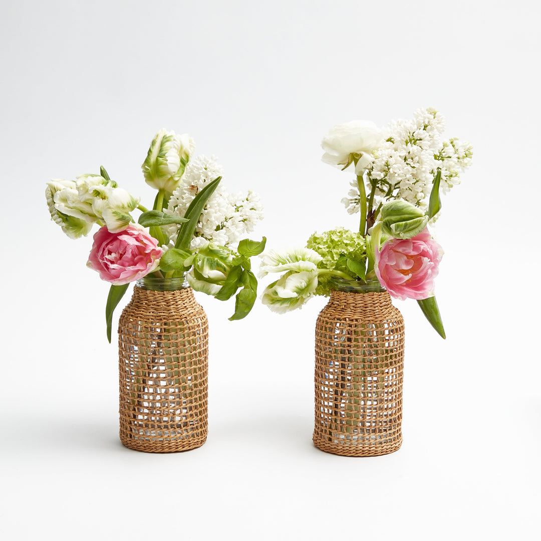 Rattan Glass Bud Vase - Pair