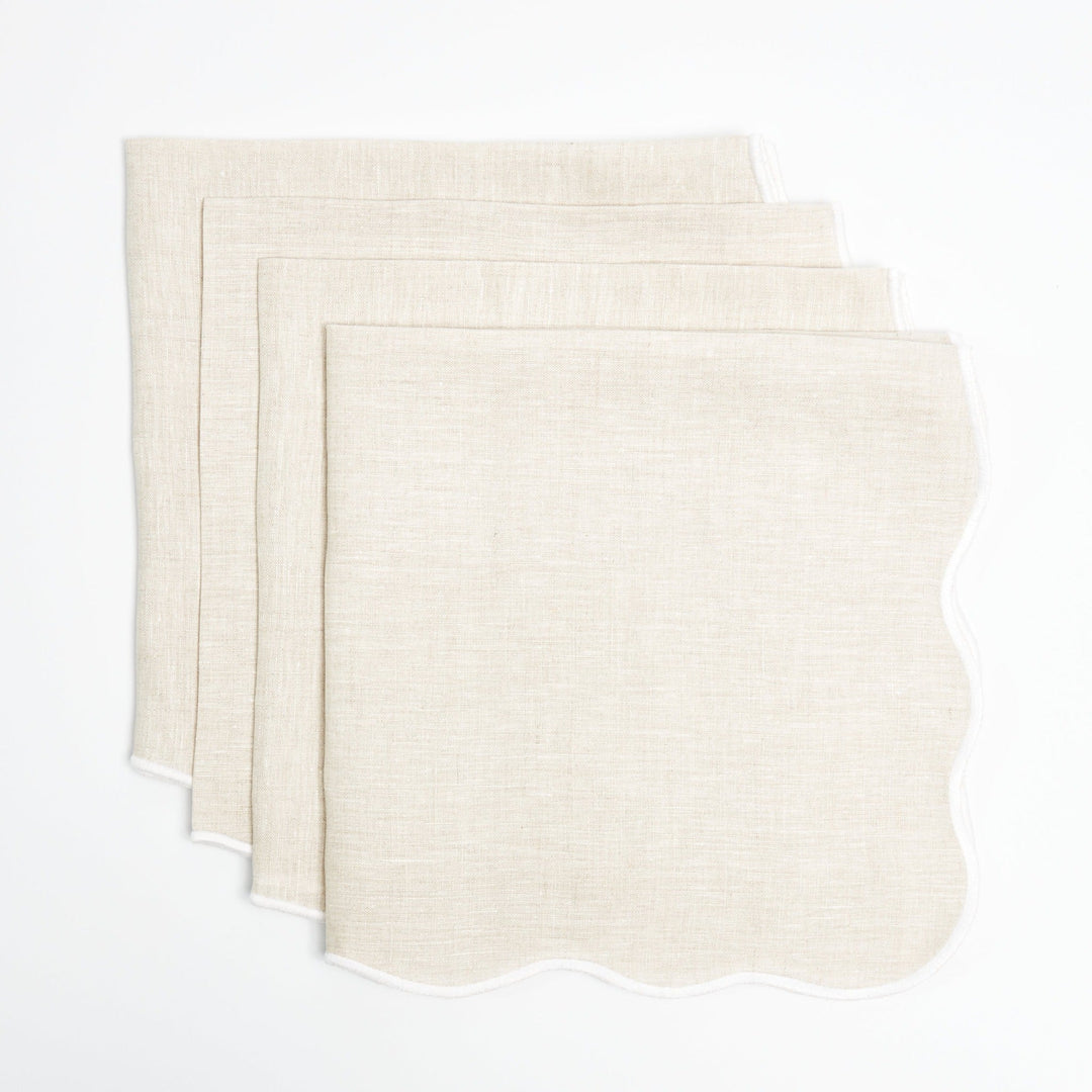 Beige linen napkins with white embroidered scallop border, set of 4