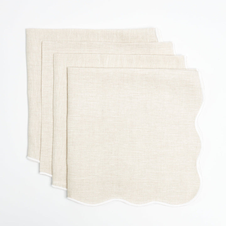 Beige linen napkins with white embroidered scallop border, set of 4