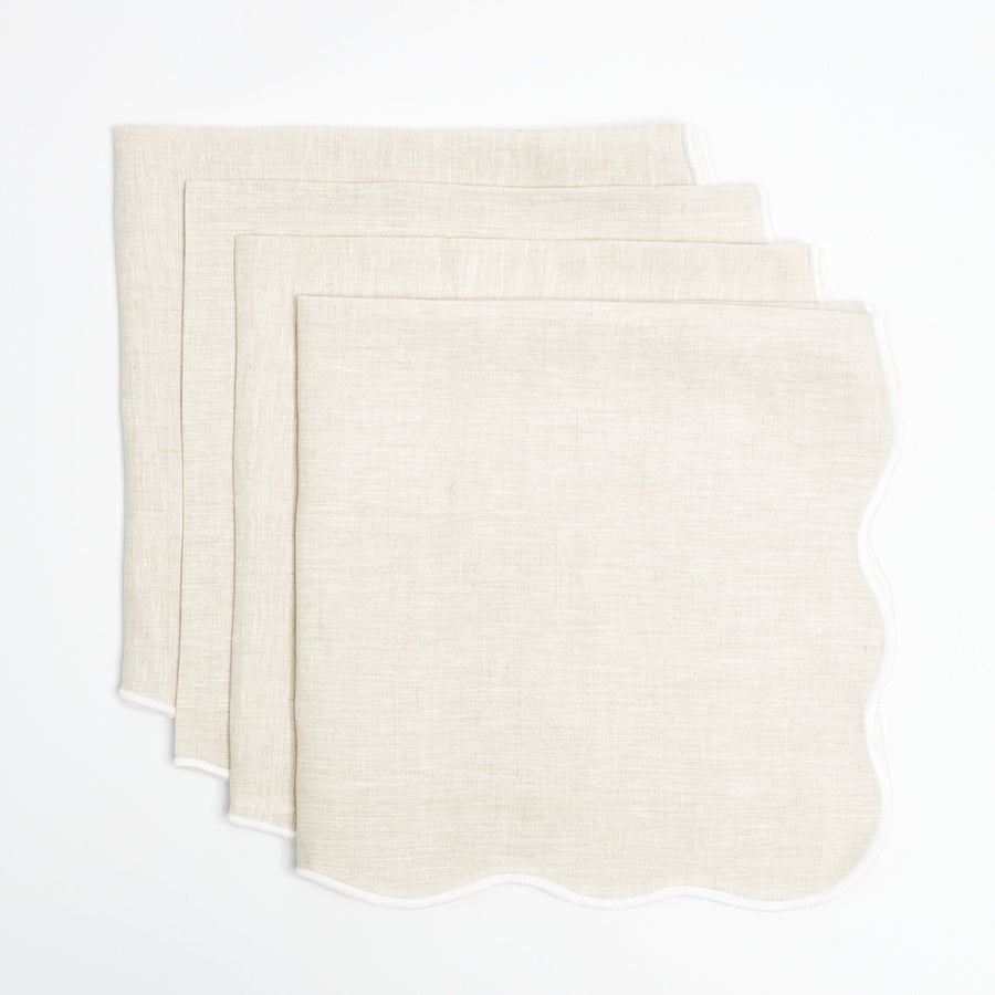 Beige linen napkins with white embroidered scallop border, set of 4