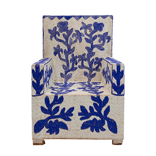 Cobalt Blue and Pearl White Yoruba Glass Bead Chair