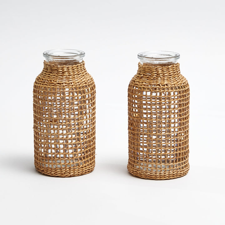 Rattan Glass Bud Vase - Pair