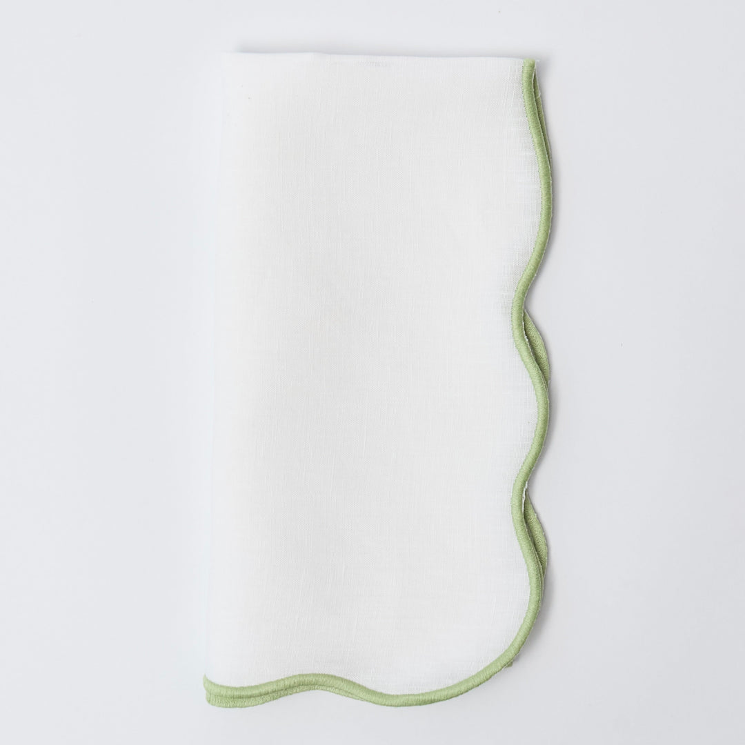 Spring Green Scallop Linen Napkin showing embroidered scallop edge detail
