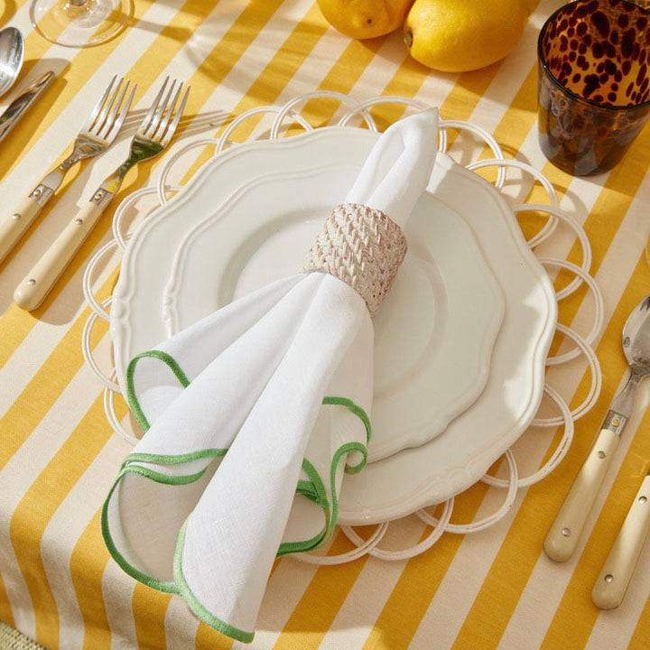 Spring Green Scallop Linen Napkins styled on a laid table
