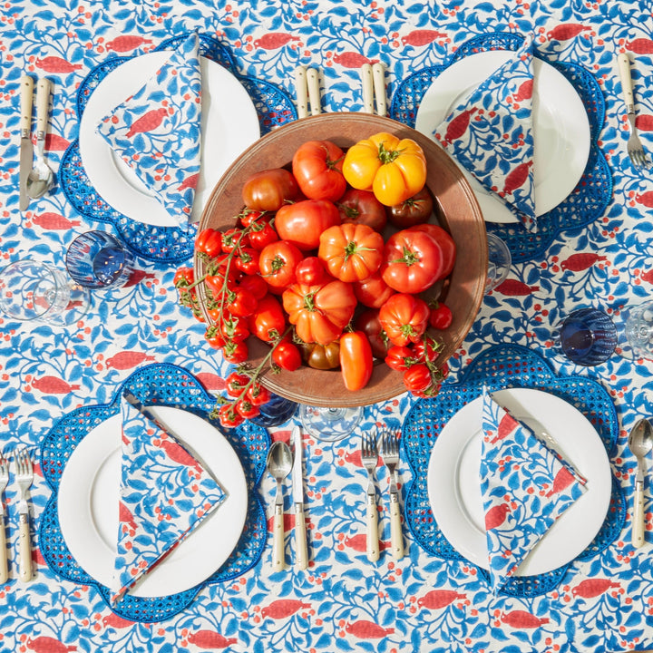 Blue & Red Birdsong Indian Block Print Tablecloth