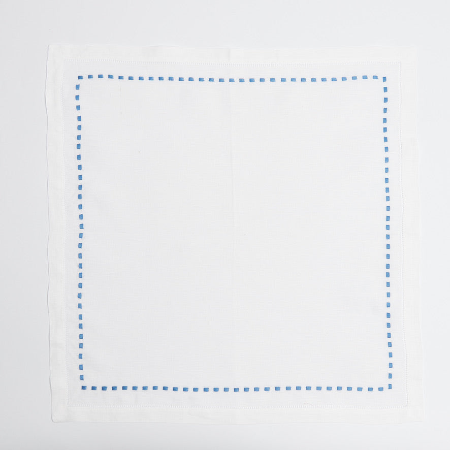 Blue Dash napkin showing hemstitched running stitch detail