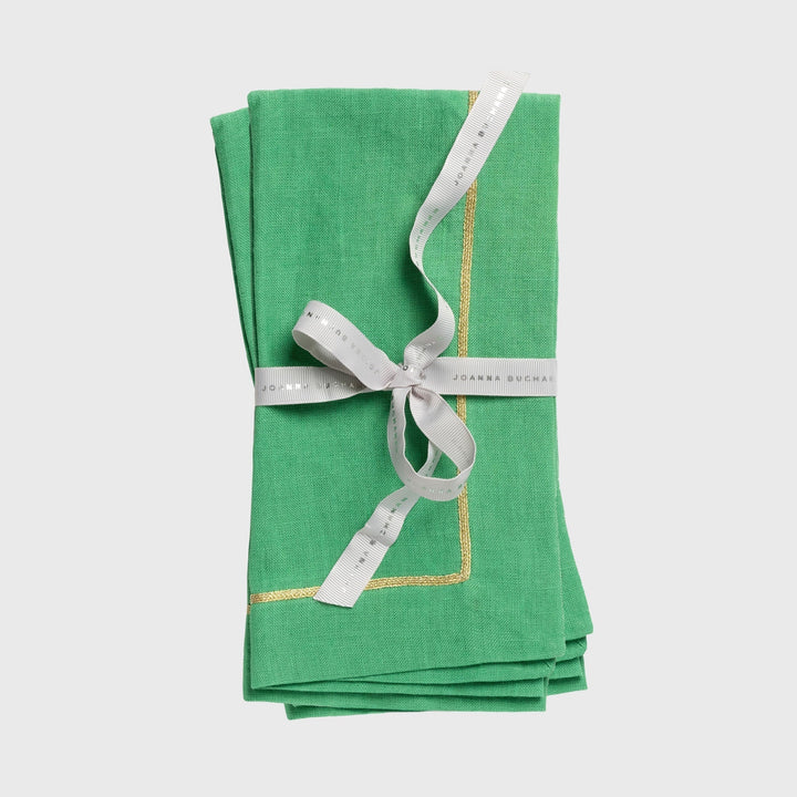 Gold Trim Linen Dinner Napkin,  Grass Green, Set of Two