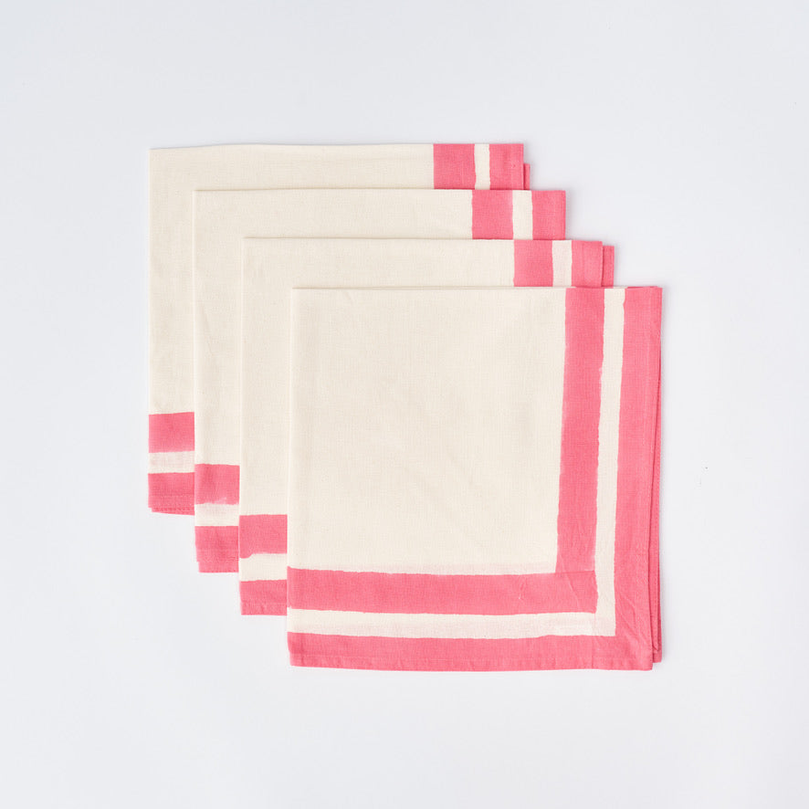 Provence Pink Edged Napkins, hand-printed cotton with soft pink border, set of 4