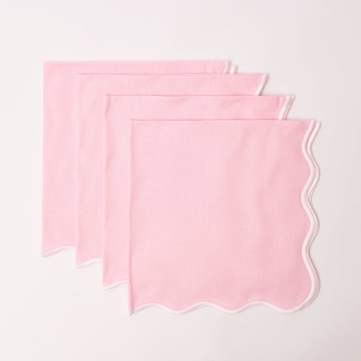Pale pink linen napkins with white embroidered wave edge, set of 4