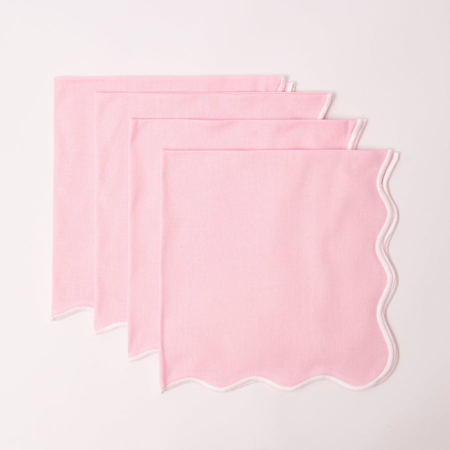Pale pink linen napkins with white embroidered wave edge, set of 4
