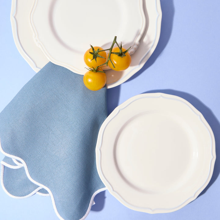 Blue wave linen napkins with white embroidered edge, set of 4