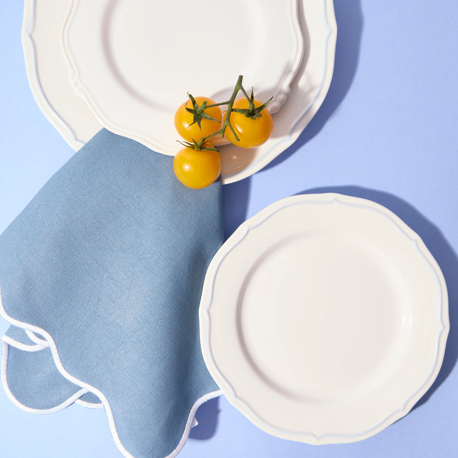 Blue wave linen napkins with white embroidered edge, set of 4