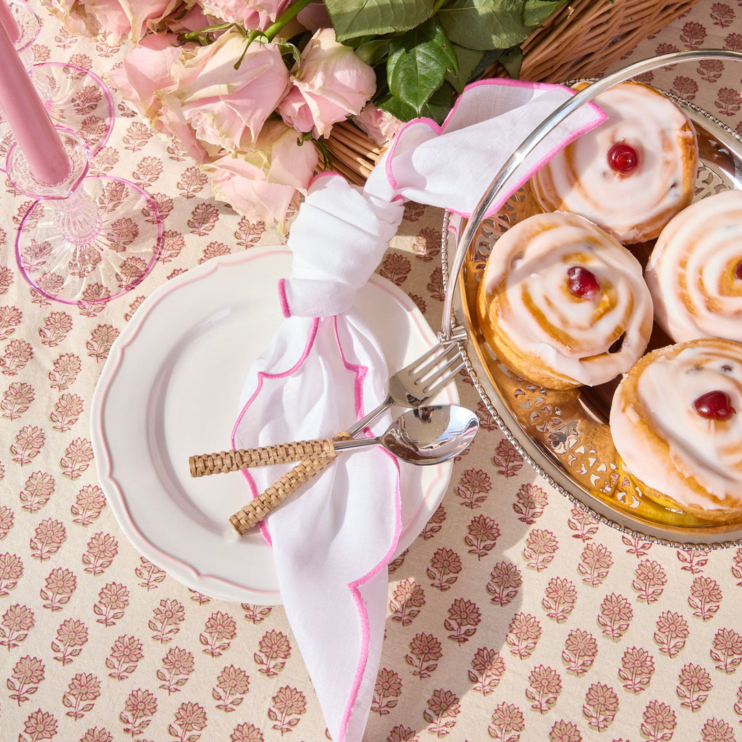 Pink Ava linen napkins, white French linen with pink embroidered border, set of 4