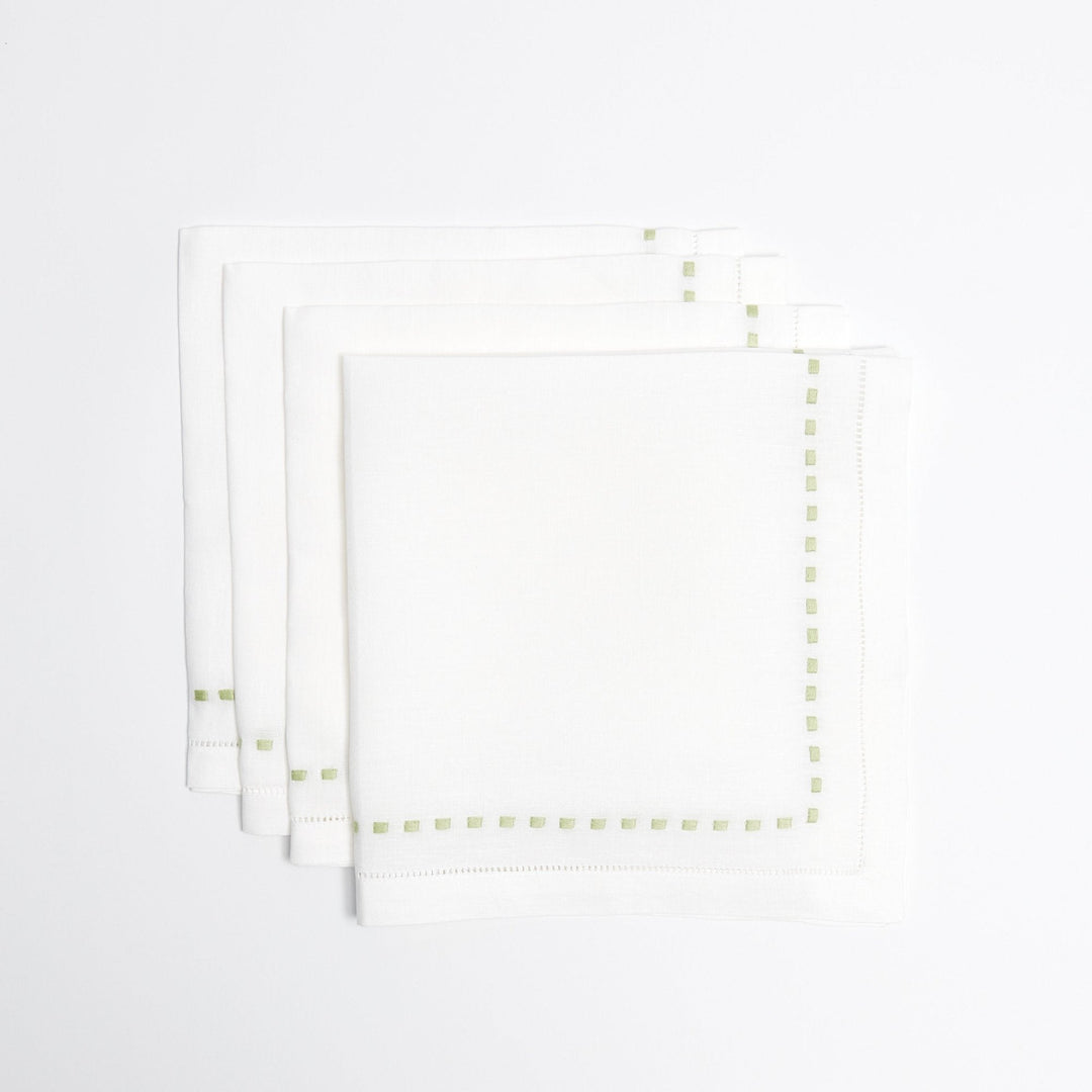 Green Dash napkins, hemstitched cotton linen blend with green running stitch, set of 4