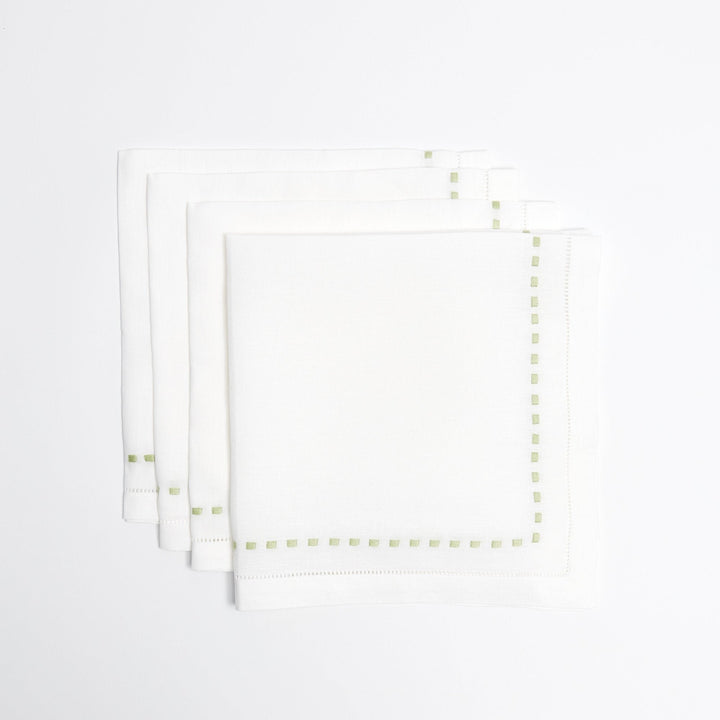 Green Dash napkins, hemstitched cotton linen blend with green running stitch, set of 4