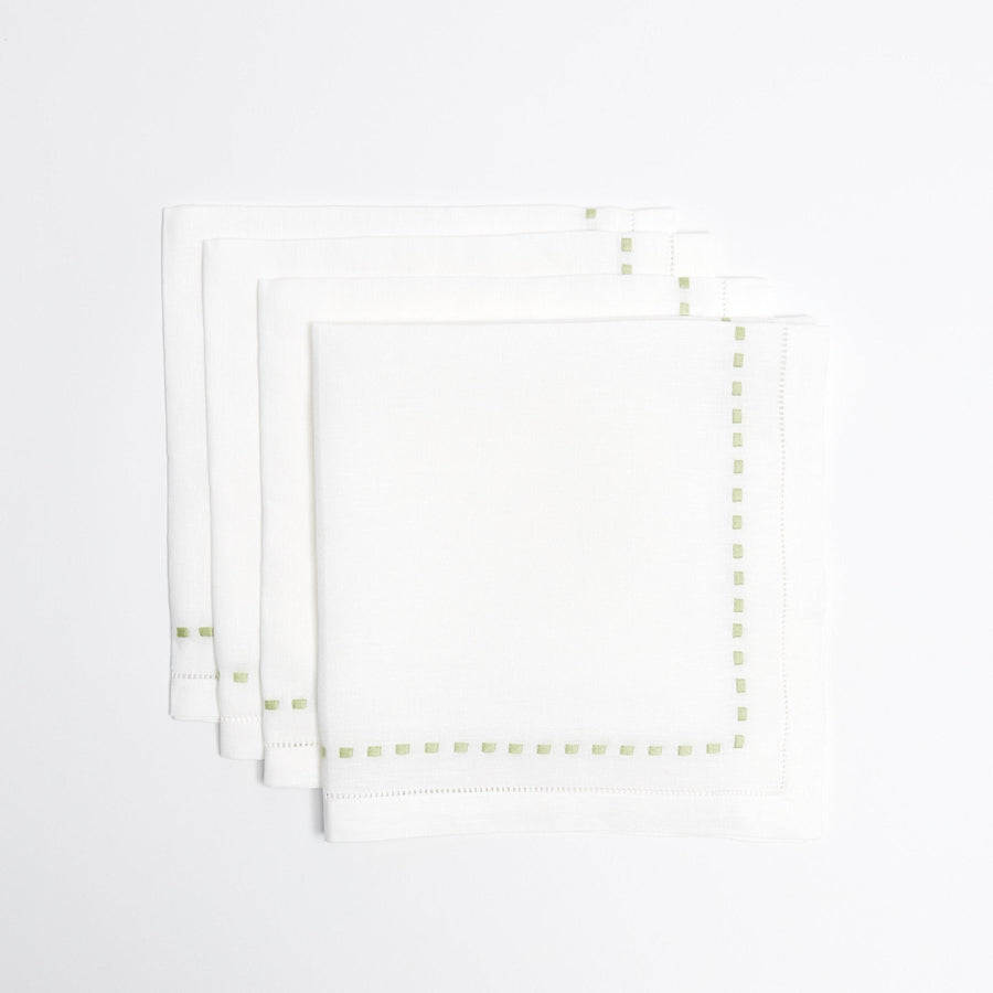 Green Dash napkins, hemstitched cotton linen blend with green running stitch, set of 4