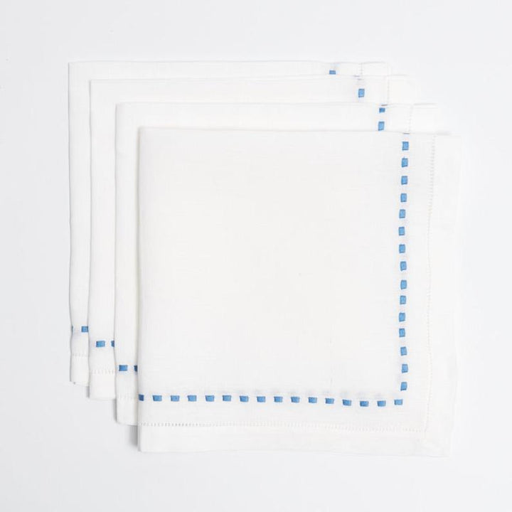Blue Dash napkins, hemstitched cotton linen blend with blue running stitch, set of 4