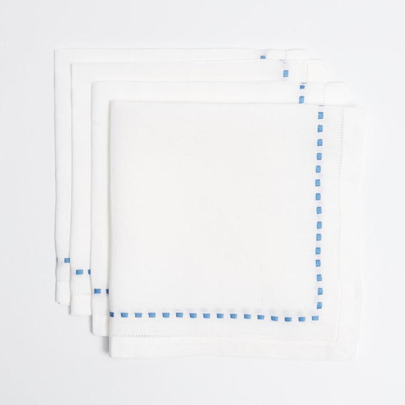 Blue Dash napkins, hemstitched cotton linen blend with blue running stitch, set of 4