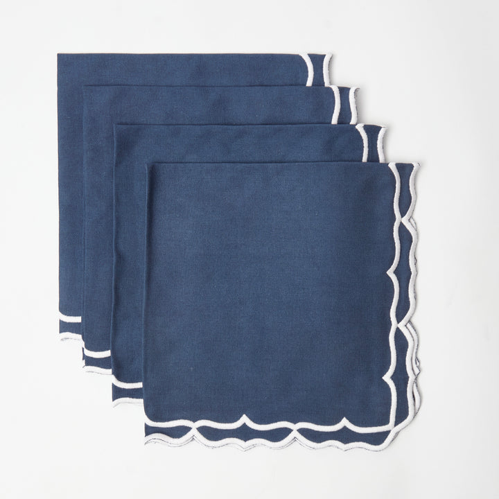 Blue Sasha napkins, deep blue with white embroidered scalloped edge, set of 4