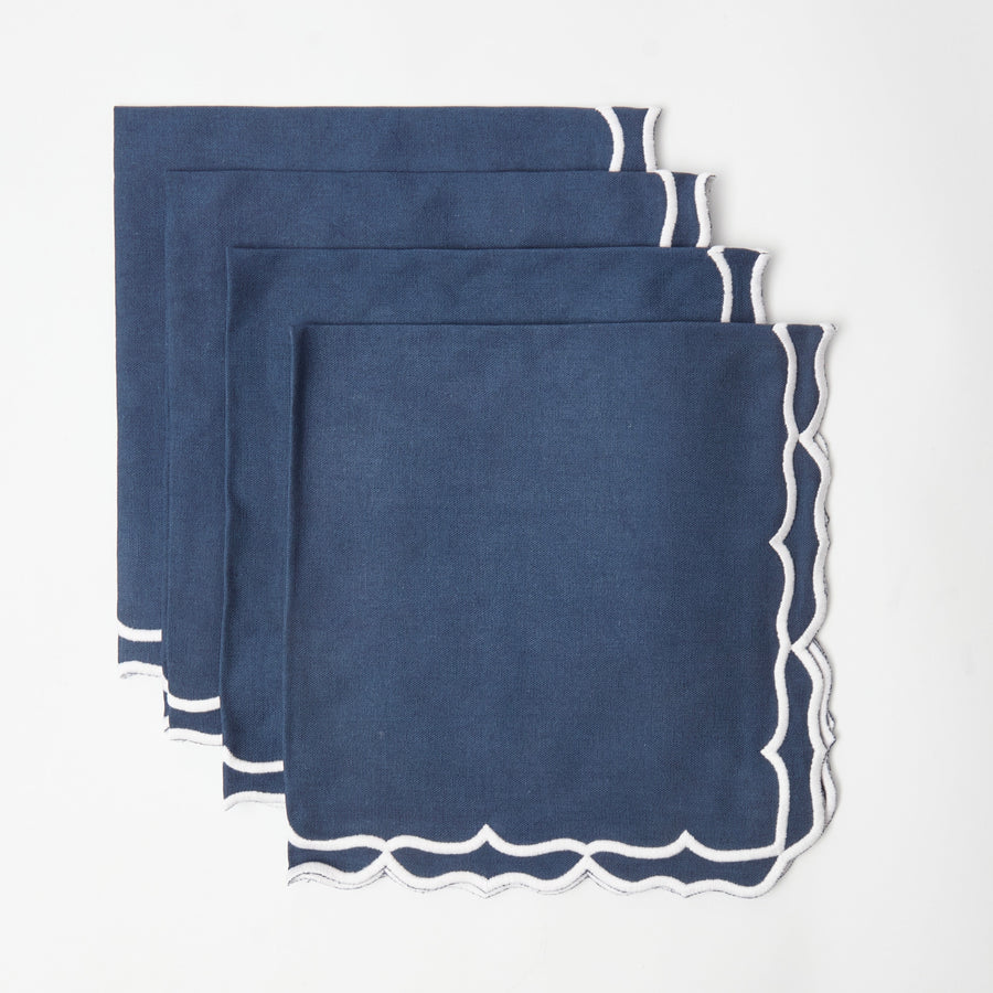 Blue Sasha napkins, deep blue with white embroidered scalloped edge, set of 4