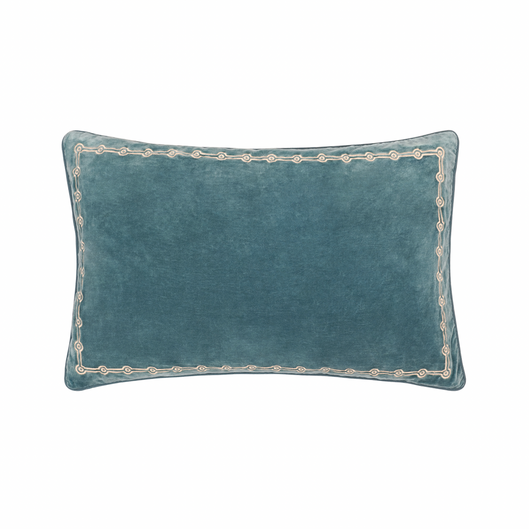 Embroidered Rectangular Velvet Cushion - Blue