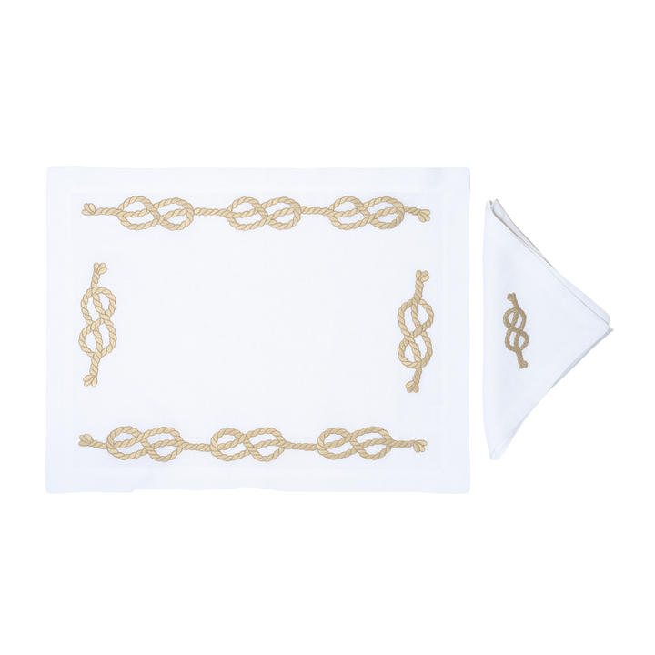 Gold Boat Knots Embroidered Linen Placemat & Napkin Set