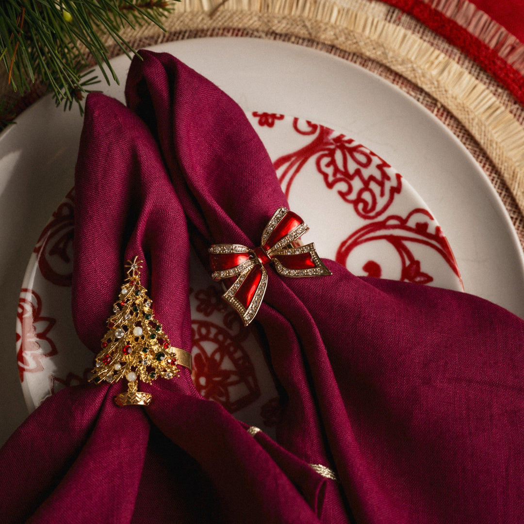 Enamel Bow Skinny Napkin Rings, Red, Set of Four