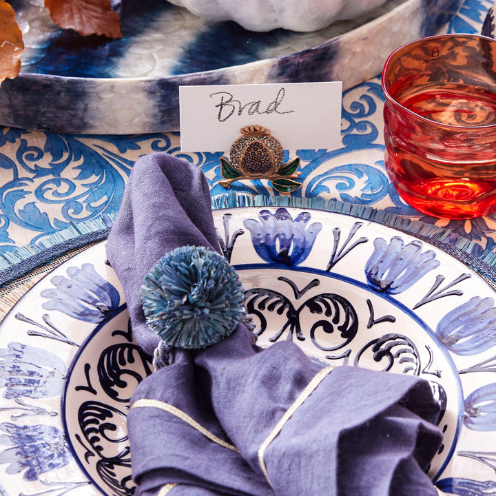 Indigo Straw Pom-Pom Napkin Rings - Set of 4