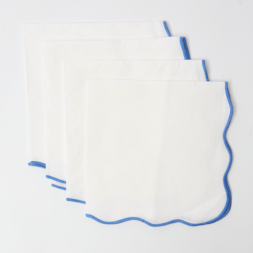 Blue edged linen napkins with blue embroidered border, set of 4