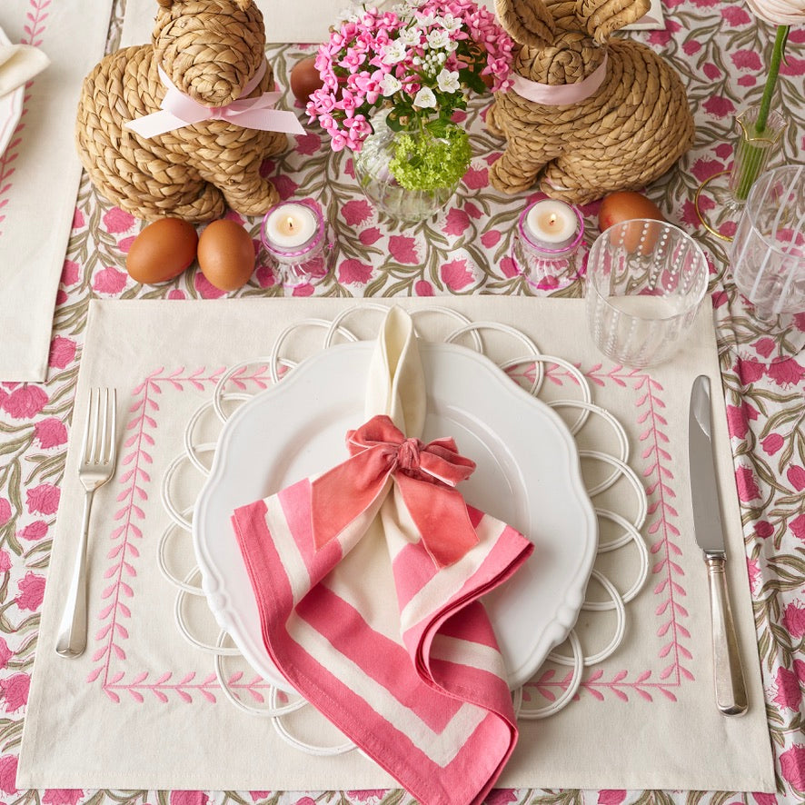 Provence Pink Edged Napkin folded, showing hand-printed pink edge detail