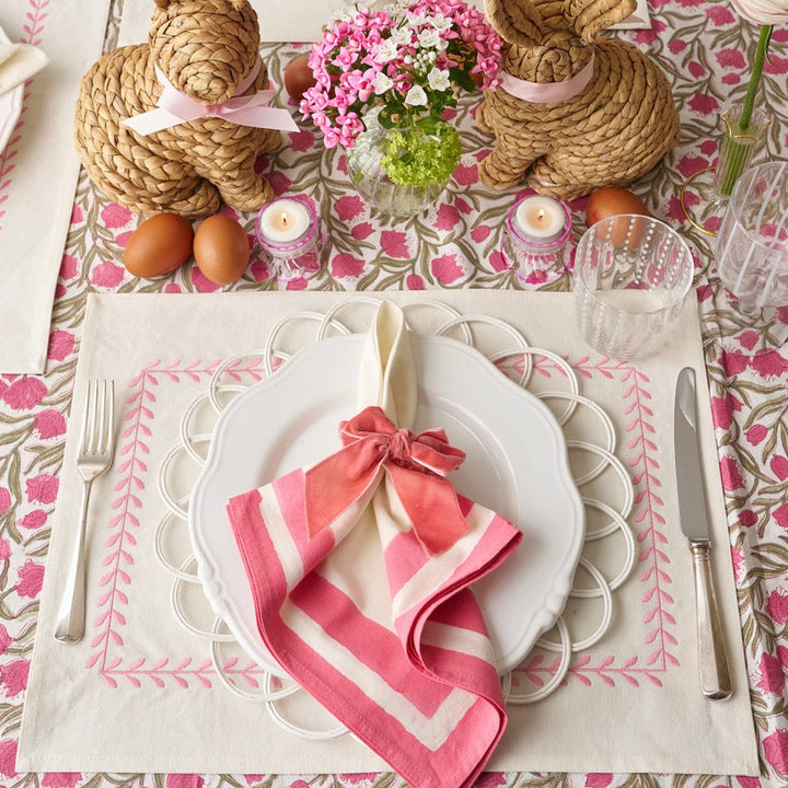 Provence Pink Edged Napkin folded, showing hand-printed pink edge detail