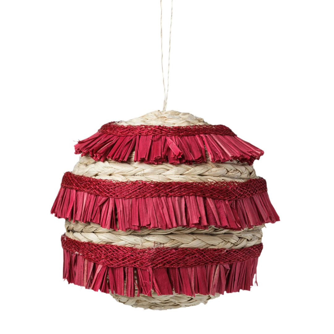 Red Ruffle Straw Christmas Baubles - Set of 4