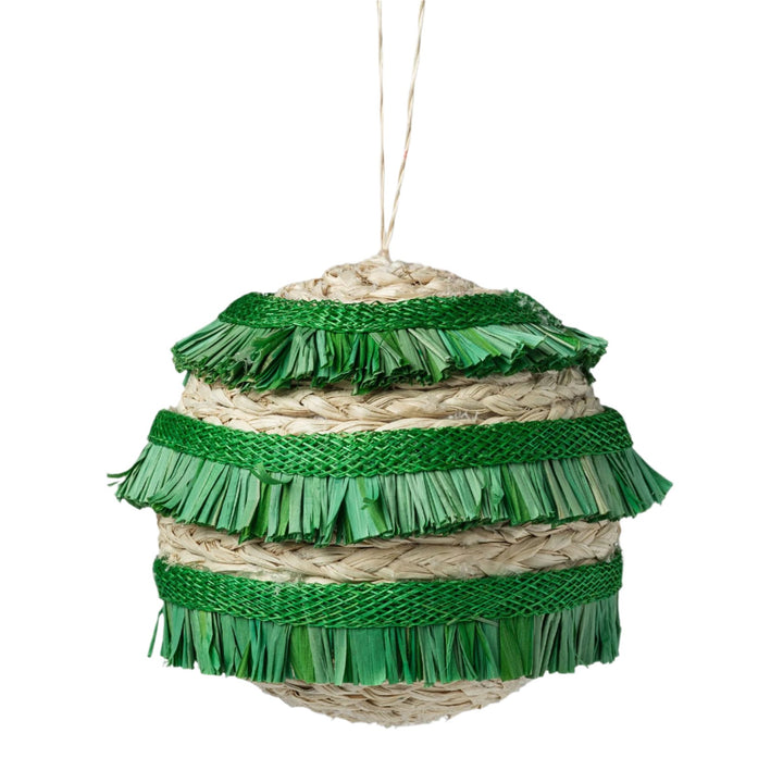 Green Ruffle Straw Christmas Baubles - Set of 4