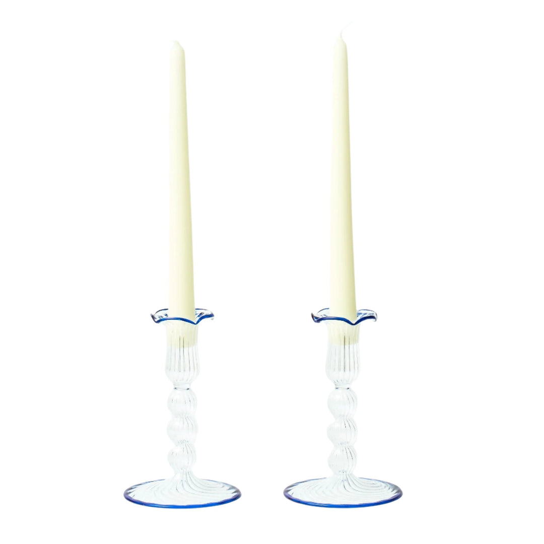 Blue Rimmed Glass PomPom Candlesticks