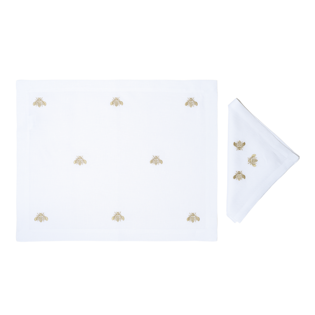 Gold Embroidered Bees Linen Placemat & Napkin Set