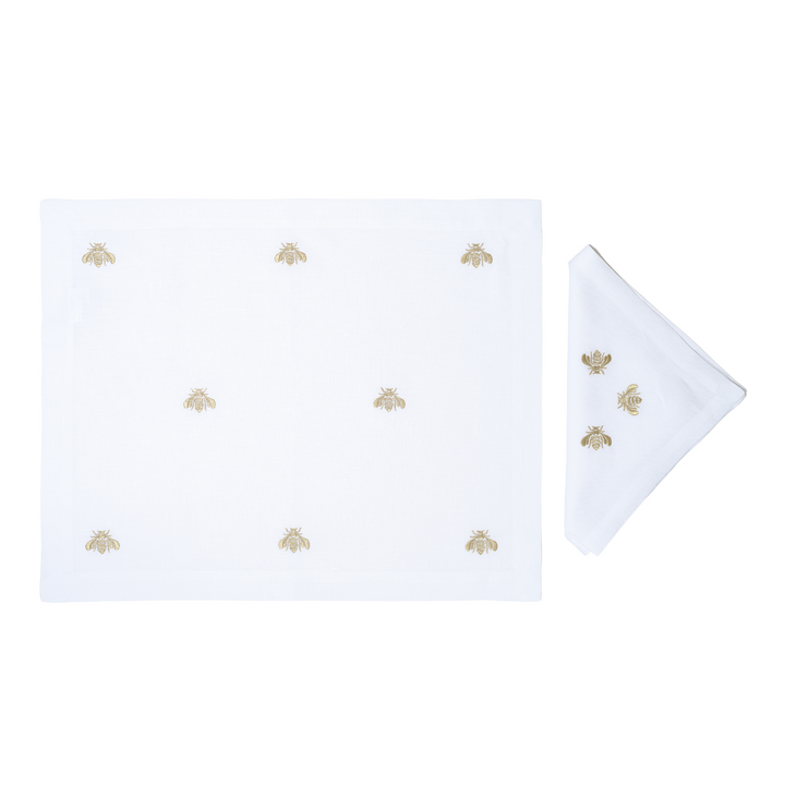 Gold Embroidered Bees Linen Placemat & Napkin Set