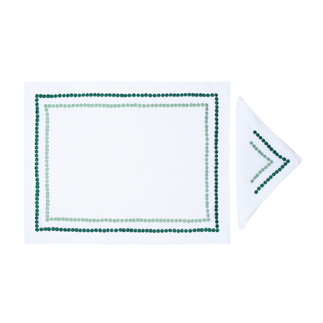 Green Dots Embroidered Linen Placemat & Napkin Set