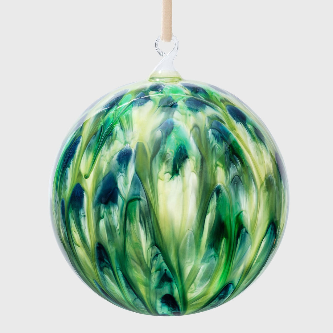 Green Feather Paint Large Glass Balls - Pair