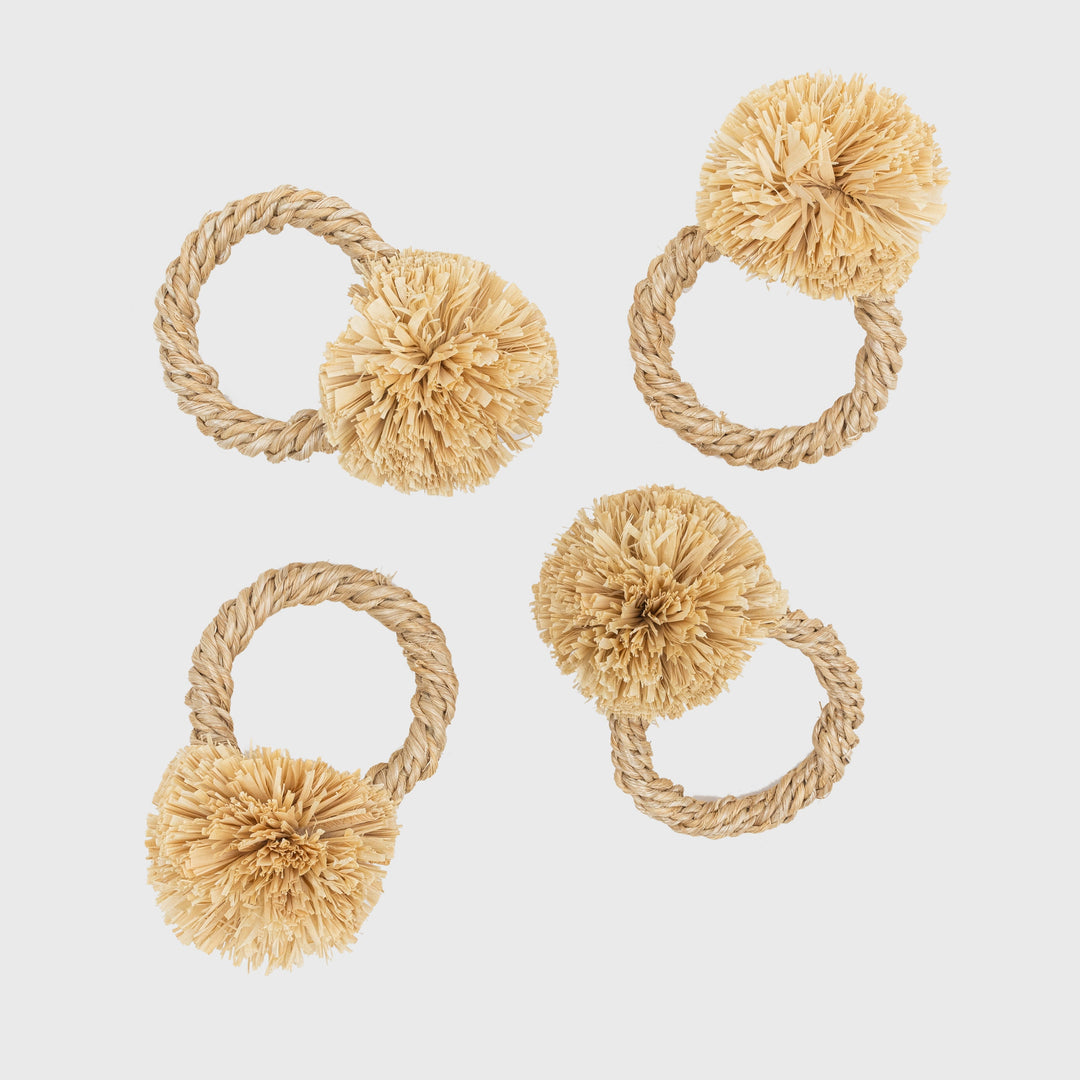 Natural Straw Pom-Pom Napkin Rings - Set of 4