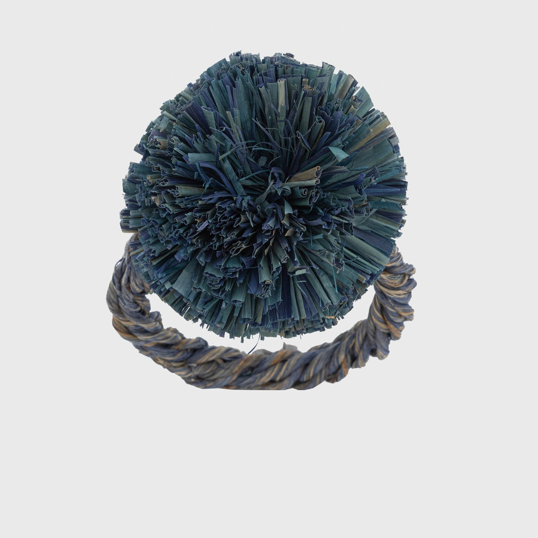 Indigo Straw Pom-Pom Napkin Rings - Set of 4