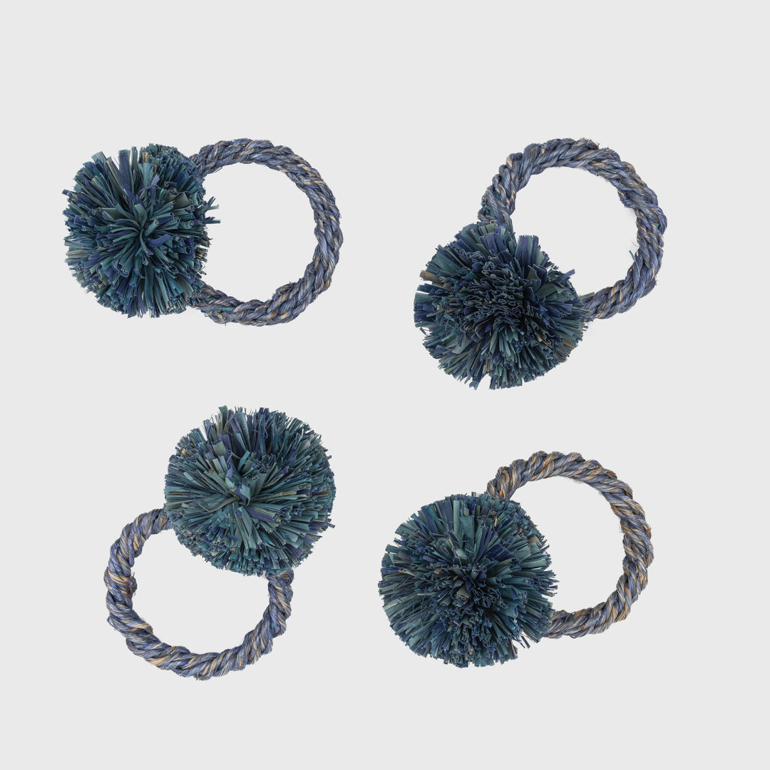 Indigo Straw Pom-Pom Napkin Rings - Set of 4