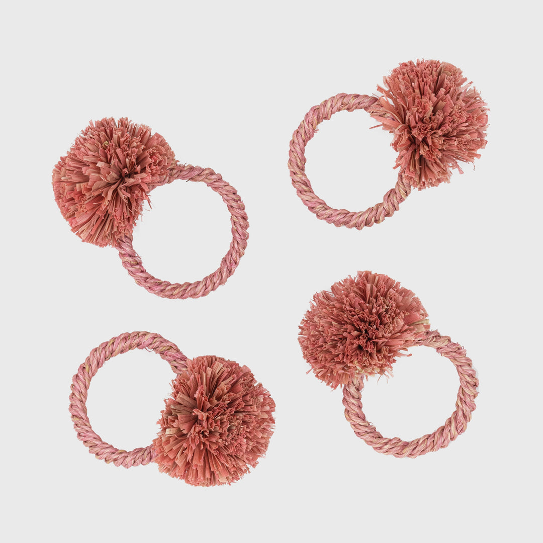 Pink Straw Pom-Pom Napkin Rings - Set of 4