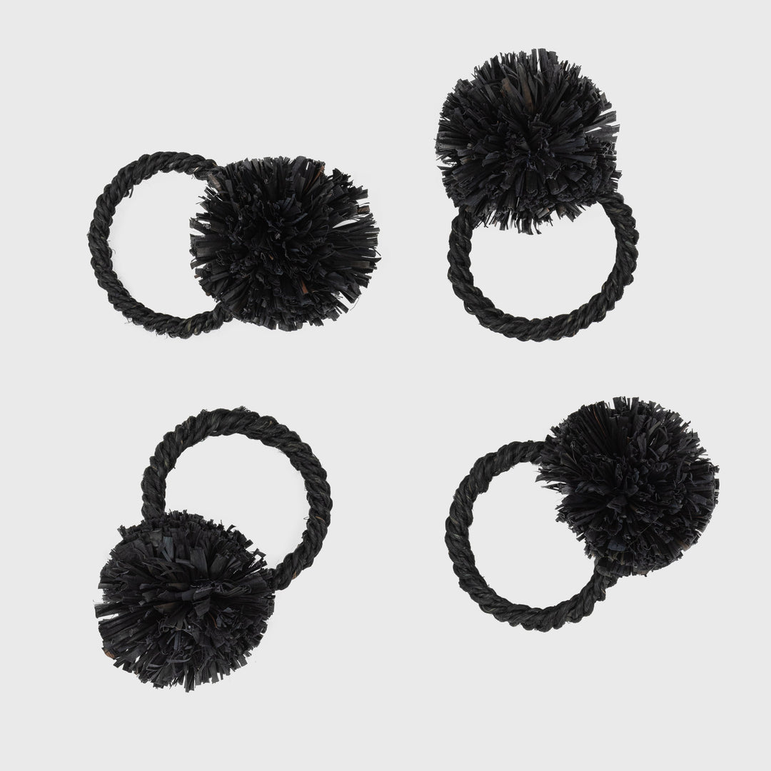 Black Straw Pom-Pom Napkin Rings - Set of 4