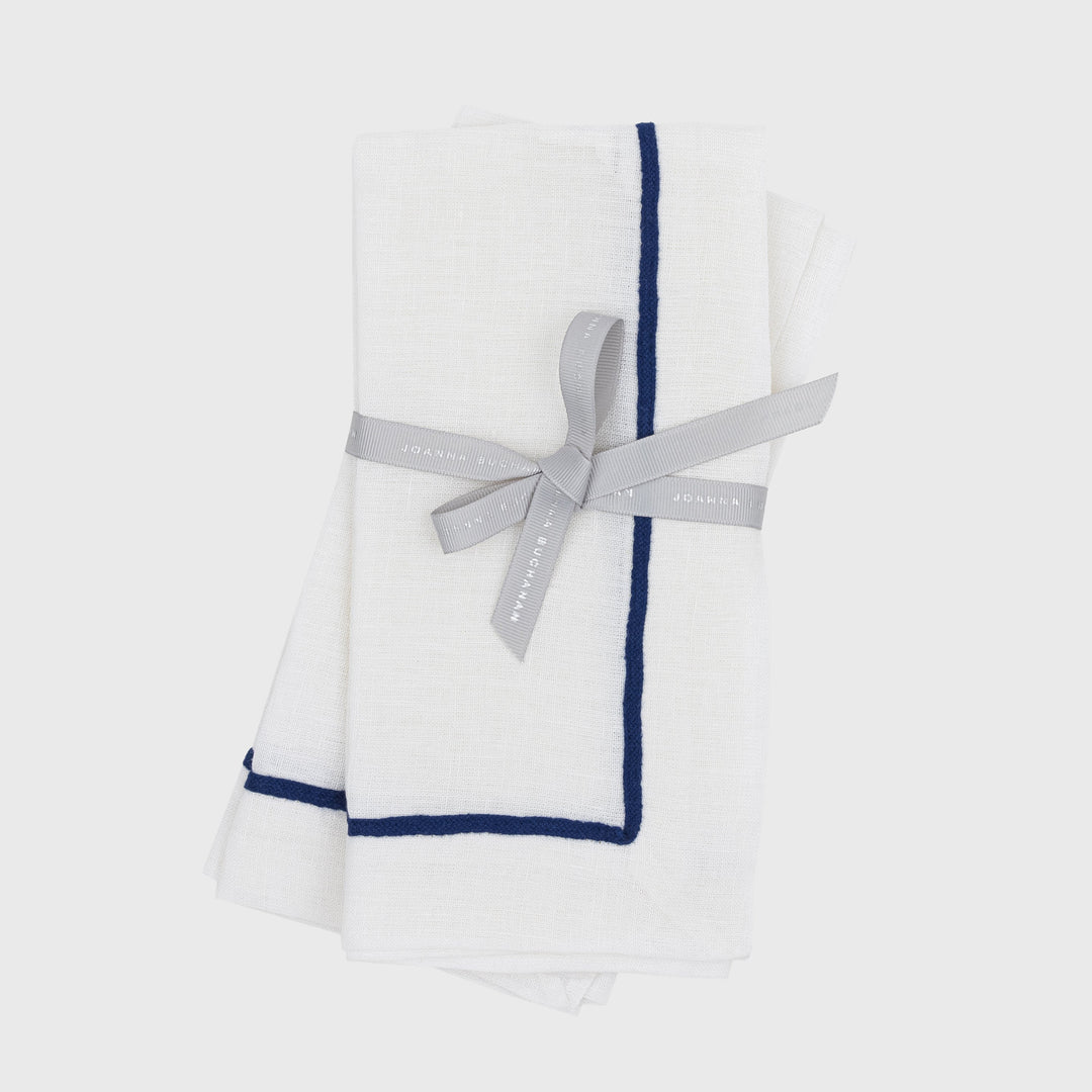 Navy Trim Dinner Napkins - White