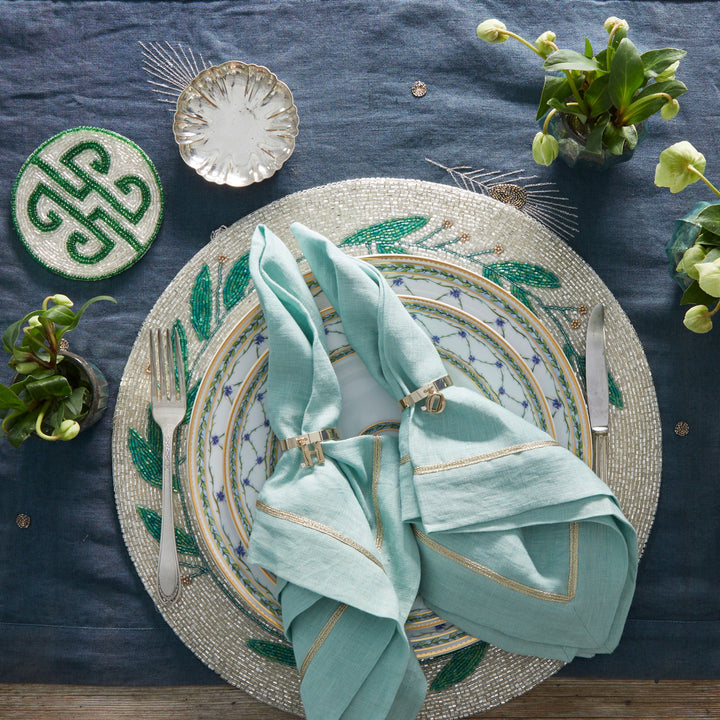 Gold Trim Dinner Napkins, Duck Egg Blue, Set of Two